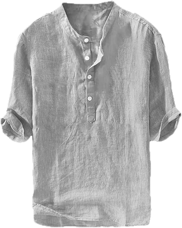 Ryannology Mens Linen Shirts Casual Cotton 3/4 Sleeve Regular